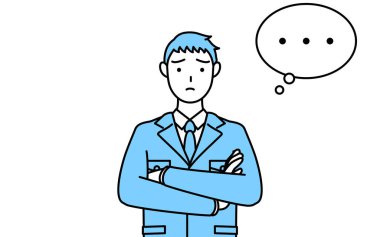 İş kıyafetleri giymiş, kollarını kavuşturmuş, düşünen bir adamın basit çizimi..