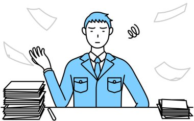 Düzensiz işinden bıkmış iş elbiseli bir adamın basit çizimi..