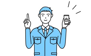 İş kıyafetleri içindeki bir adamın telefonu için güvenlik önlemleri alırken basit bir çizimi..