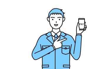 İş kıyafetleri içindeki bir adamın basit çizimi akıllı telefondan parasız online ödemeler öneriyor..