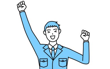 İş kıyafetleri içinde gülümseyen ve zıplayan bir adamın basit çizimi.