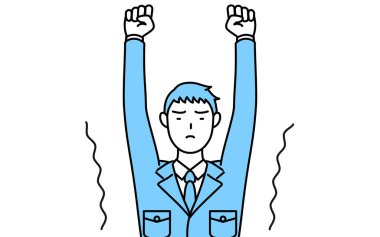 İş kıyafetleri içinde, esneyen ve dik duran bir adamın basit çizimi..