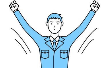 İş kıyafetleri içinde radyo jimnastiği yapan bir adamın basit çizimi, kaza önleme hazırlığı.