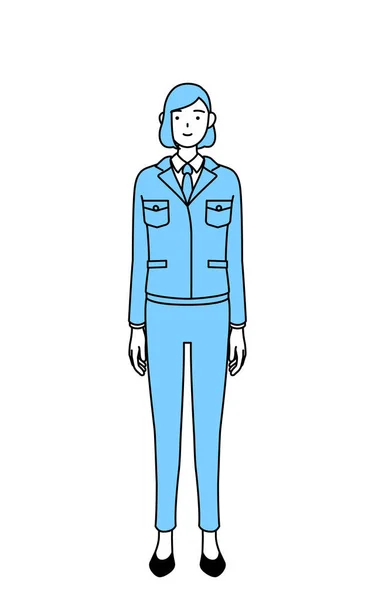 Einfache Linienzeichnung Illustration Einer Frau Arbeitskleidung Mit Gefalteten Händen Vor — Stockvektor