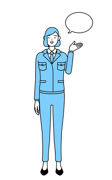 Einfache Linienzeichnung Illustration Einer Frau Arbeitskleidung Die Anweisungen Gibt Mit — Stockvektor