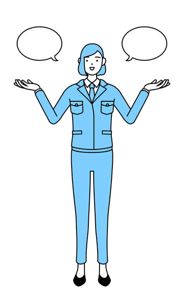 Einfache Linienzeichnung Illustration Einer Frau Arbeitskleidung Mit Abwischen Und Vergleich — Stockvektor