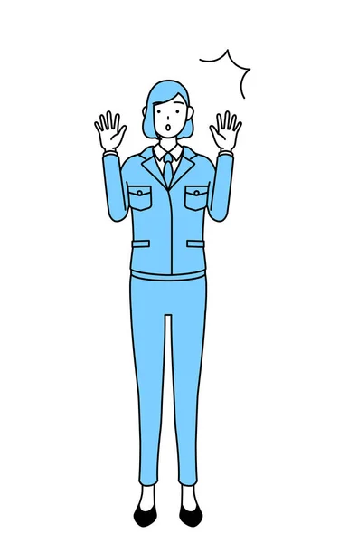 Prosta Linia Rysunek Ilustracja Kobiety Pracy Nosić Podnosząc Rękę Zaskoczeniu — Wektor stockowy