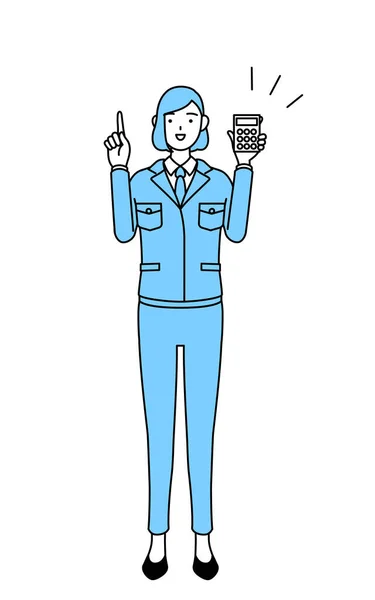 Einfache Linienzeichnung Illustration Einer Frau Arbeitskleidung Die Einen Taschenrechner Hält — Stockvektor