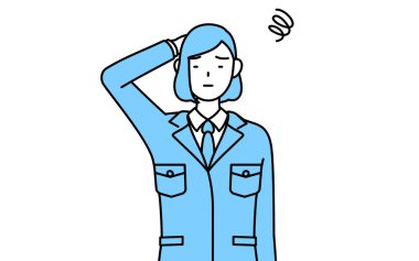 İşteki bir kadının basit çizimi. Sıkıntılı bir şekilde başını kaşıyan bir kadın..