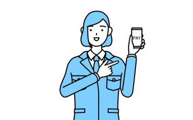 İş yerindeki bir kadının basit bir çizimi. Akıllı telefondan parasız online ödemeler öneriyor..