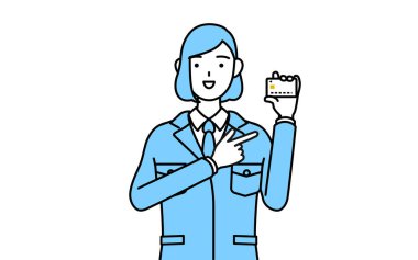 İş yerindeki bir kadının basit çizimi kredi kartı ödemesini öneriyor..