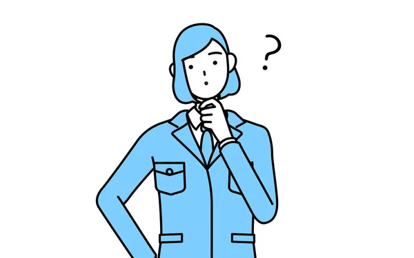 Απλή Γραμμή Σχεδίασης Απεικόνιση Μιας Γυναίκας Στην Εργασία Φορούν Ερωτήσεις — Διανυσματικό Αρχείο