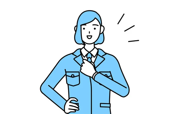 Einfache Linienzeichnung Illustration Einer Frau Arbeitskleidung Die Ihm Auf Die — Stockvektor