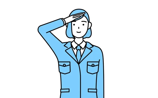 stock vector Simple line drawing illustration of a woman in work wear giving a military-style salute