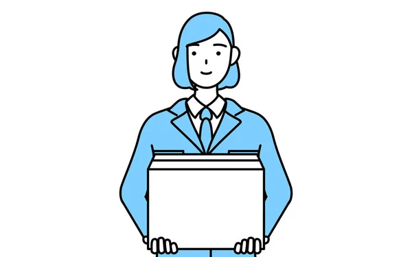Illustration Simple Une Femme Tenue Travail Tenant Une Boîte Carton — Image vectorielle