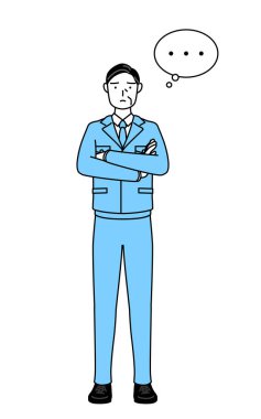 Yönetim, yöneticiler, fabrika müdürü, iş elbiseli, kollarını kavuşturmuş, düşünen bir adam..