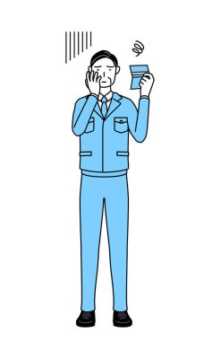 Yönetim, yöneticiler, fabrika müdürü, iş yerindeki bir adam banka defterine bakıyor ve bunalımda..