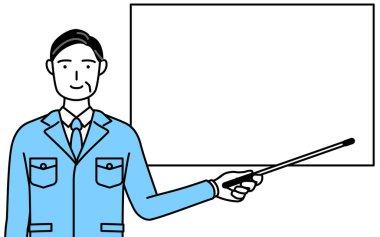 Yönetim, yöneticiler, fabrika müdürü, iş yerindeki bir adam gösterge çubuğuyla beyaz tahtayı işaret eden bir giysi giyiyor..