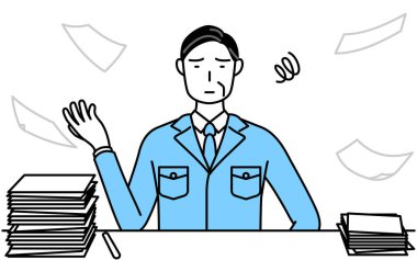 Yönetim, yöneticiler, fabrika müdürü, iş kıyafetleri giyen bir adam onun düzensiz işinden bıkmış..