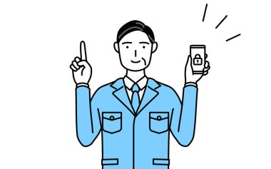 Yönetim, yöneticiler, fabrika müdürü, iş yerindeki bir adam telefonu için güvenlik önlemi alıyor..