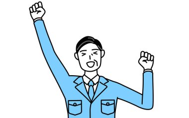 Yönetim, yöneticiler, fabrika müdürü, iş yerindeki bir adam gülümseyip zıplıyor..