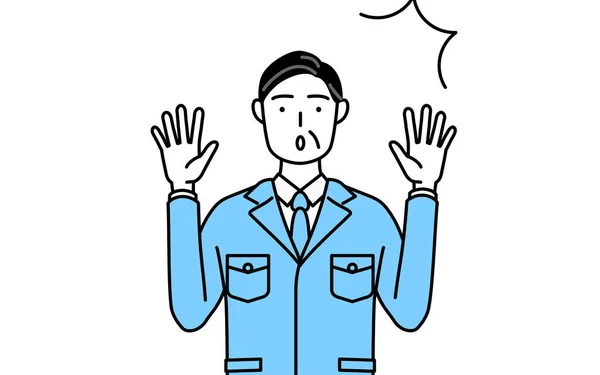 stock vector Management, managers, plant manager, a man in work wear raising his hand in surprise.