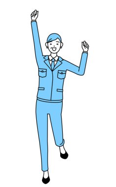 Yönetim, yöneticiler, fabrika müdürü, işyerindeki son sınıf bir kadın gülümseyip zıplıyor..