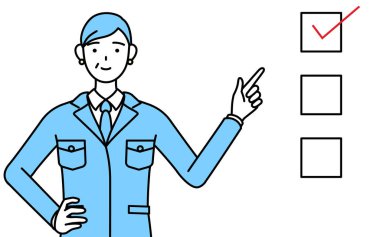 Yönetim, yöneticiler, fabrika müdürü, iş yerindeki son sınıf bir kadın bir listeyi işaret ediyor..