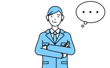 Yönetim, yöneticiler, fabrika müdürü, iş kıyafetleri içinde son sınıf bir kadın, kollarını kavuşturmuş, düşünüyor..