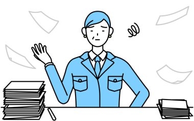 Yönetim, yöneticiler, fabrika müdürü, onun düzensiz işlerinden bıkmış iş kıyafeti giymiş üst düzey bir kadın..