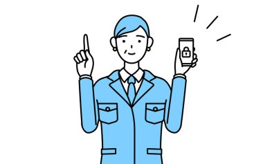 Yönetim, yöneticiler, fabrika müdürü, iş yerindeki son sınıf bir kadın telefonu için güvenlik önlemleri alıyor..