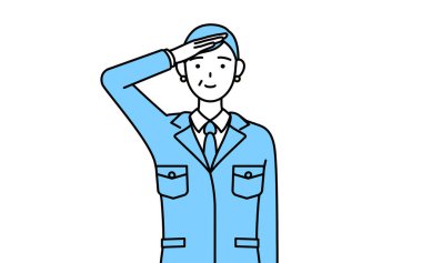 Yönetim, yöneticiler, fabrika müdürü, iş yerindeki son sınıf bir kadın askeri tarzda selam veriyor.