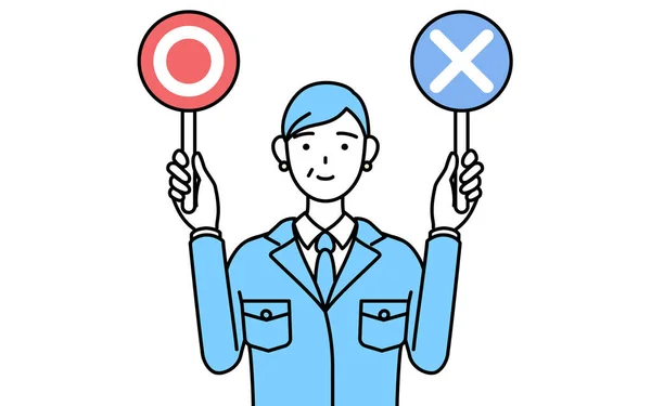 stock vector Management, managers, plant manager, a senior woman in work wear holding a stick indicating correct and incorrect answers.