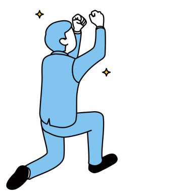 Takım elbiseli bir adam neşe ve cesaretle poz veriyor..