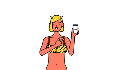 Geleneksel Japon etkinliği, şubatta Setsubun 'da kaplan desenli pantolon giyen kızıl dev bir kadın akıllı telefondan parasız ödeme öneriyor..