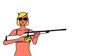 Geleneksel Japon etkinliği, şubatta Setsubun, kaplan desenli pantolon giyen, güneş gözlüğü takan ve elinde tüfekle kırmızı dev bir kadın..