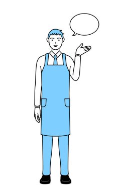 Önlüklü bir adam yön tarif ediyor, silip süpürüyor.