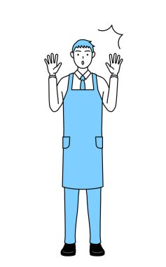 Önlüklü bir adam şaşkınlıkla elini kaldırıyor..