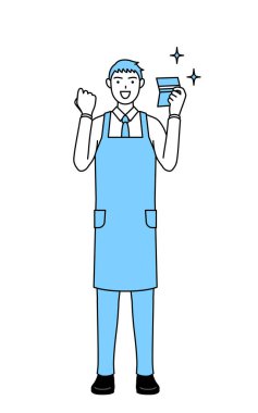 Önlüklü bir adam banka cüzdanını gördüğüne sevinir..