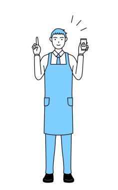 Önlüklü bir adam telefonu için güvenlik önlemi alıyor..