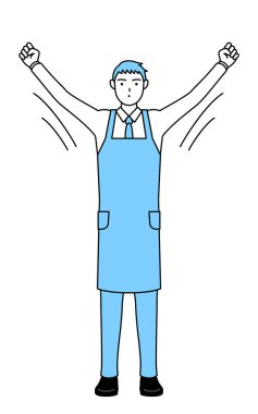 Önlüklü bir adam radyo jimnastiği yapıyor, kaza önlemeye hazırlanıyor.