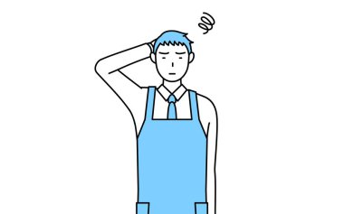 Üzüntü içinde başını kaşıyan önlüklü bir adam..