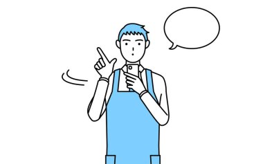 Akıllı telefon kullanan önlüklü bir adam..