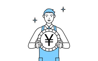 Önlüklü bir adam, yabancı bir imaj kazanç ve takdir.