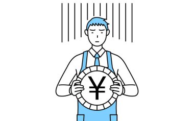 Önlüklü bir adam. Döviz kurunun ya da değer kaybının görüntüsü.