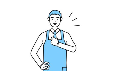 Önlüklü bir adam göğsüne vuruyor..