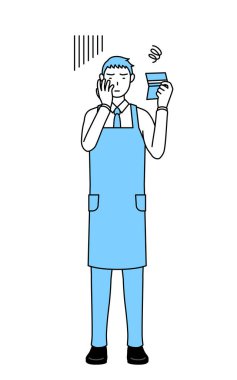 Önlüklü bir adam banka defterine bakıyor ve bunalımda..