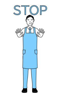Önlüklü kıdemli bir adam elini vücudunun önüne uzatmış, dur işareti veriyor..