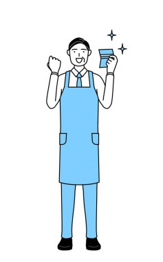 Banka cüzdanını görmekten memnun olan önlüklü kıdemli bir adam..