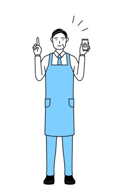 Önlüklü kıdemli bir adam telefonu için güvenlik önlemleri alıyor..